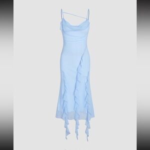 Cider MESH RUFFLE HEM RUCHED MIDI DRESS in Blue Size L (US 8) 💙💎🦋
